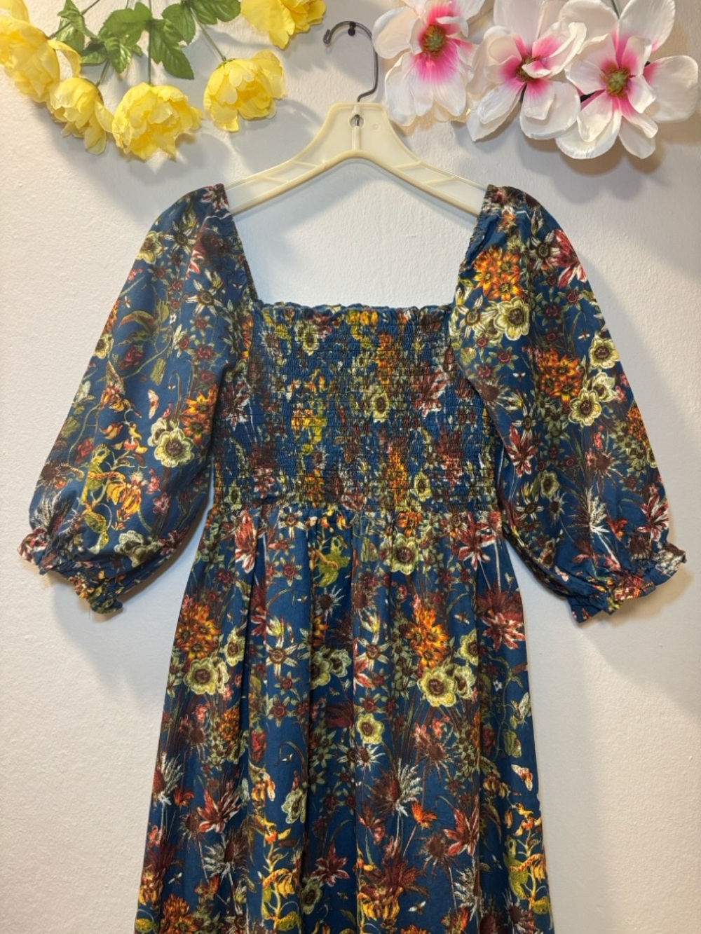 Girls Blue Floral Smocked Puff-Sleeve Dress - Picture 2 of 9
